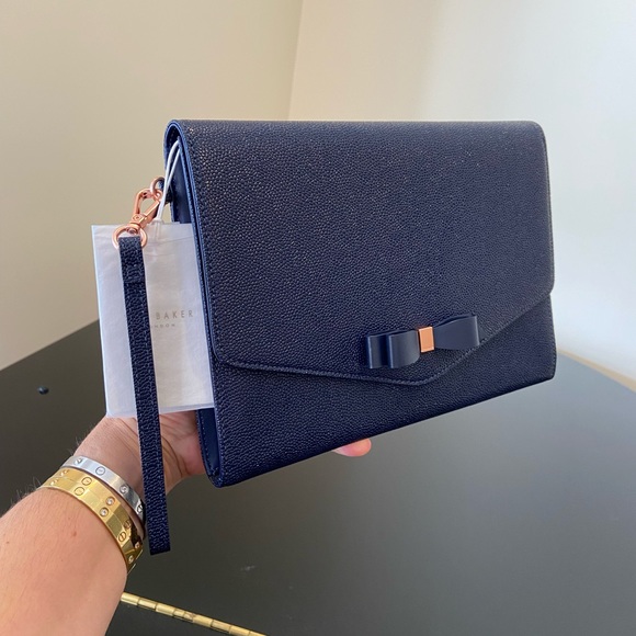 NWT Authentic Navy Ted Baker Krystan Bow Leather Envelope Pouch/bag - Picture 4 of 17